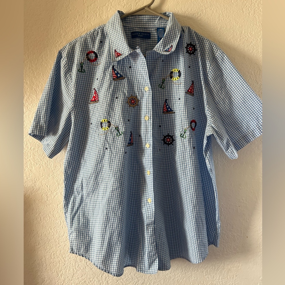 Karen Scott Blue Gingham Shirt with Embroidery nautical boats sea ocean